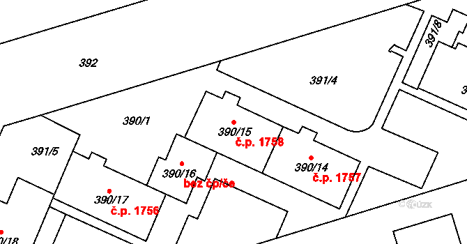 Černá Pole 1758, Brno na parcele st. 390/15 v KÚ Černá Pole, Katastrální mapa