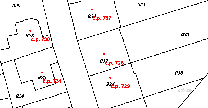Pelhřimov 728 na parcele st. 932 v KÚ Pelhřimov, Katastrální mapa