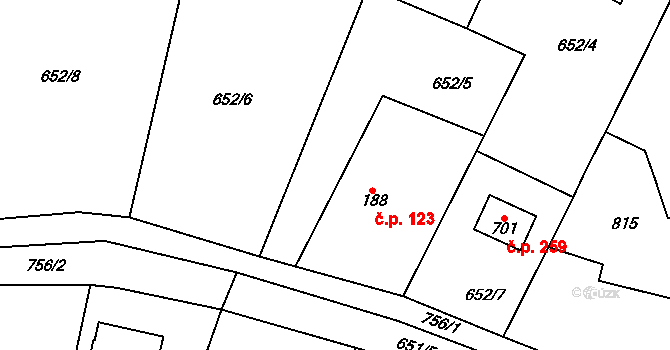 Struhařov 123 na parcele st. 188 v KÚ Struhařov u Mnichovic, Katastrální mapa