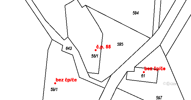 Branov 55 na parcele st. 58/1 v KÚ Branov, Katastrální mapa
