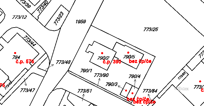 Lhotka 390, Praha na parcele st. 790/2 v KÚ Lhotka, Katastrální mapa