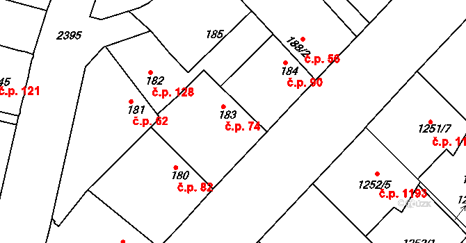 Kunratice 74, Praha na parcele st. 183 v KÚ Kunratice, Katastrální mapa