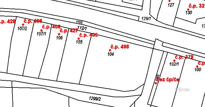 Blučina 498 na parcele st. 104/1 v KÚ Blučina, Katastrální mapa