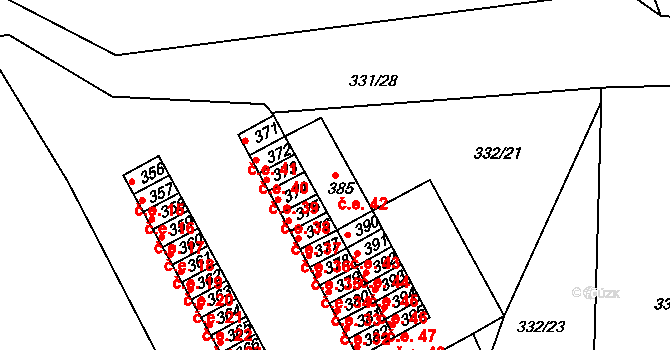 Čebín 42 na parcele st. 385 v KÚ Čebín, Katastrální mapa