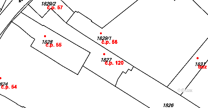 Jindřichův Hradec II 120, Jindřichův Hradec na parcele st. 1827 v KÚ Jindřichův Hradec, Katastrální mapa