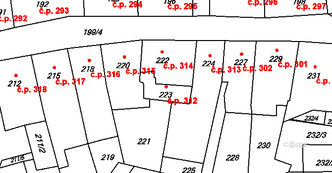 Šluknov 312 na parcele st. 223 v KÚ Šluknov, Katastrální mapa