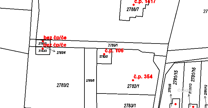 Lutyně 106, Orlová na parcele st. 2782/2 v KÚ Horní Lutyně, Katastrální mapa