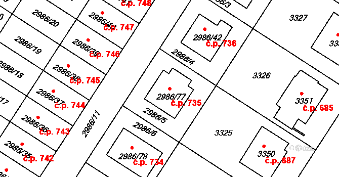 Kamenice nad Lipou 735 na parcele st. 2986/77 v KÚ Kamenice nad Lipou, Katastrální mapa