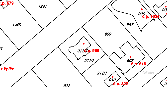Šeberov 955, Praha na parcele st. 911/3 v KÚ Šeberov, Katastrální mapa