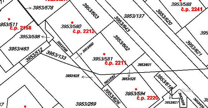 Řečkovice 2211, Brno na parcele st. 3953/581 v KÚ Řečkovice, Katastrální mapa