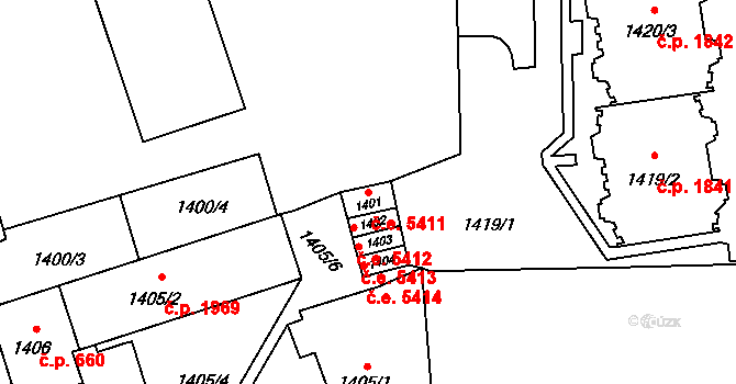 Kadaň 5411 na parcele st. 1401 v KÚ Kadaň, Katastrální mapa