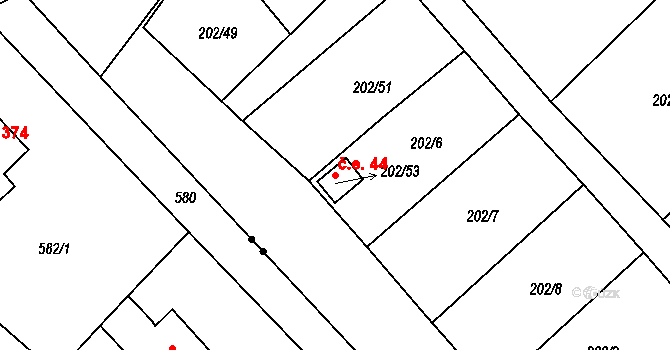 Červený Hrádek 44, Jirkov na parcele st. 202/53 v KÚ Červený Hrádek u Jirkova, Katastrální mapa