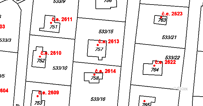 Těptín 2613, Kamenice na parcele st. 757 v KÚ Těptín, Katastrální mapa