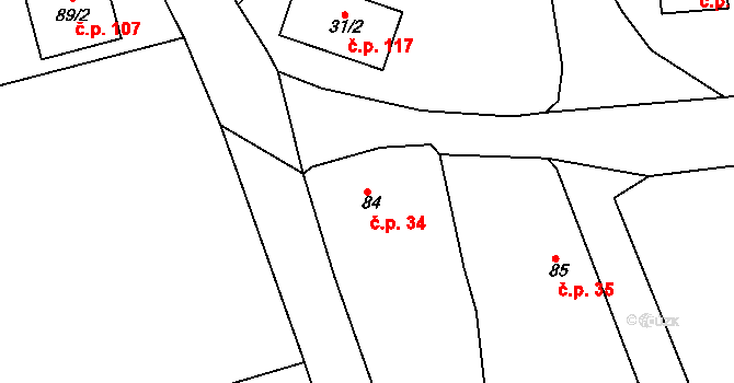 Klečůvka 34, Zlín na parcele st. 84 v KÚ Klečůvka, Katastrální mapa