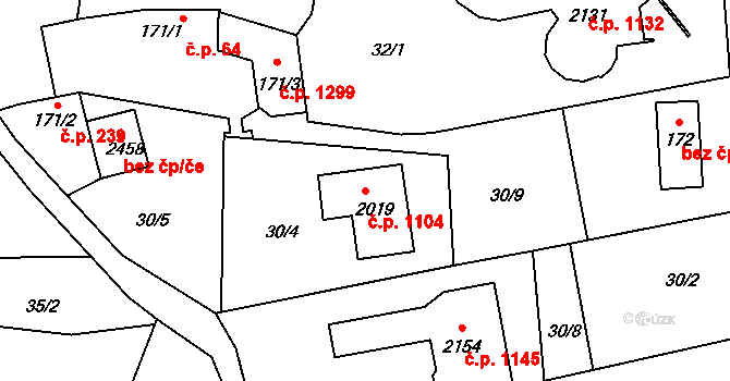 Malenovice 1104, Zlín na parcele st. 2019 v KÚ Malenovice u Zlína, Katastrální mapa