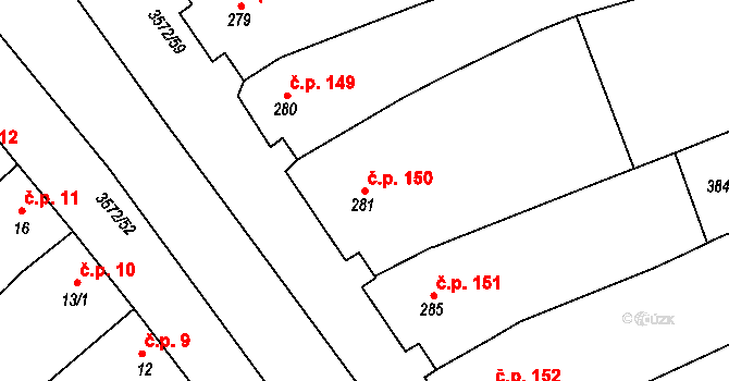 Ostrožské Předměstí 150, Uherský Ostroh na parcele st. 281 v KÚ Ostrožské Předměstí, Katastrální mapa