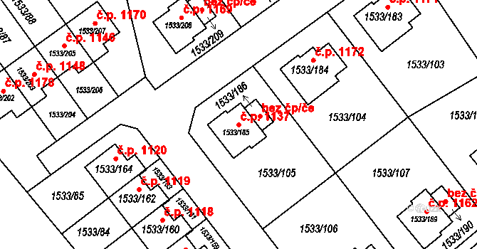 Řeporyje 1137, Praha na parcele st. 1533/185 v KÚ Řeporyje, Katastrální mapa