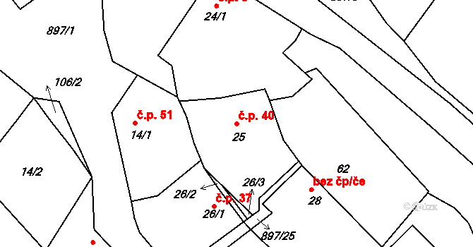 Svučice 40, Mišovice na parcele st. 25 v KÚ Svučice, Katastrální mapa