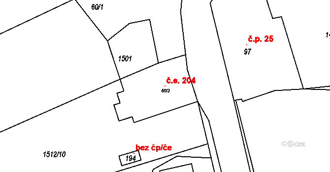 Jiřín 204, Bystřice na parcele st. 60/3 v KÚ Ouběnice u Votic, Katastrální mapa