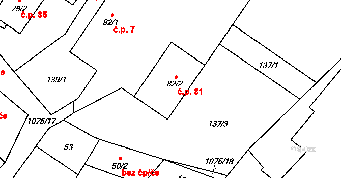 Postřelmůvek 81 na parcele st. 82/2 v KÚ Postřelmůvek, Katastrální mapa