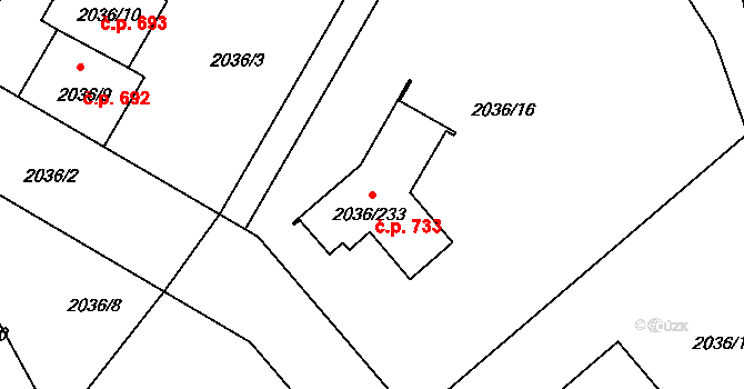 Vacenovice 733 na parcele st. 2036/233 v KÚ Vacenovice u Kyjova, Katastrální mapa
