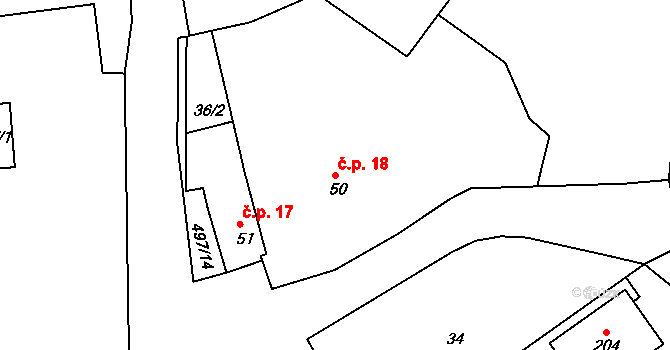 Šelešovice 18 na parcele st. 50 v KÚ Šelešovice, Katastrální mapa
