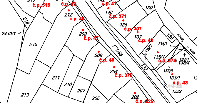 Koryčany 46 na parcele st. 206 v KÚ Koryčany, Katastrální mapa