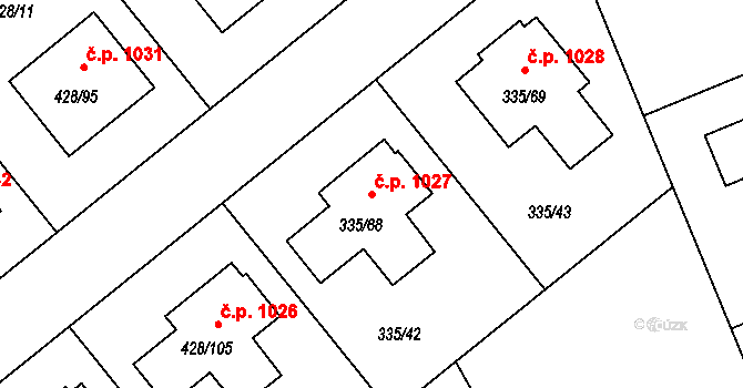 Průhonice 1027 na parcele st. 335/68 v KÚ Hole u Průhonic, Katastrální mapa