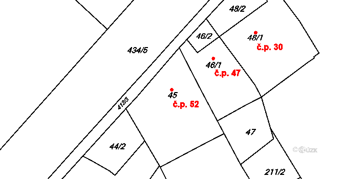 Přerov IX-Lýsky 52, Přerov na parcele st. 45 v KÚ Lýsky, Katastrální mapa