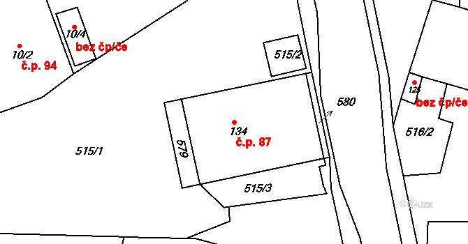 Chvalovice 87, Kovanice na parcele st. 134 v KÚ Chvalovice u Nymburka, Katastrální mapa