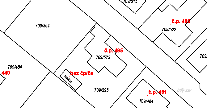Popůvky 495 na parcele st. 709/523 v KÚ Popůvky u Brna, Katastrální mapa
