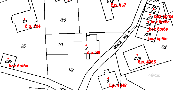 Kokonín 99, Jablonec nad Nisou na parcele st. 9 v KÚ Kokonín, Katastrální mapa