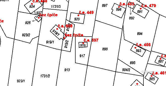 Lety 597 na parcele st. 916 v KÚ Lety u Dobřichovic, Katastrální mapa