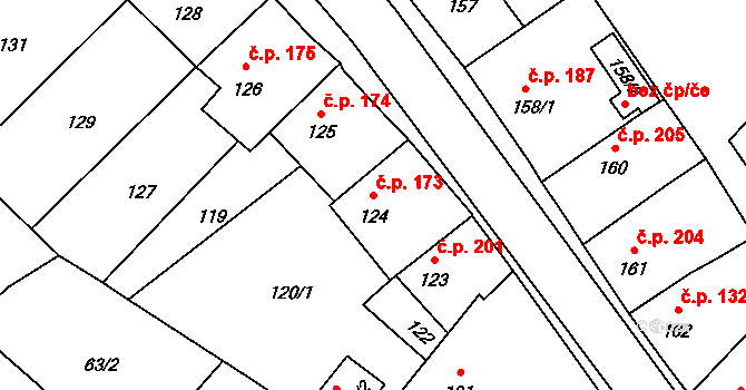 Divišov 173 na parcele st. 124 v KÚ Divišov u Benešova, Katastrální mapa