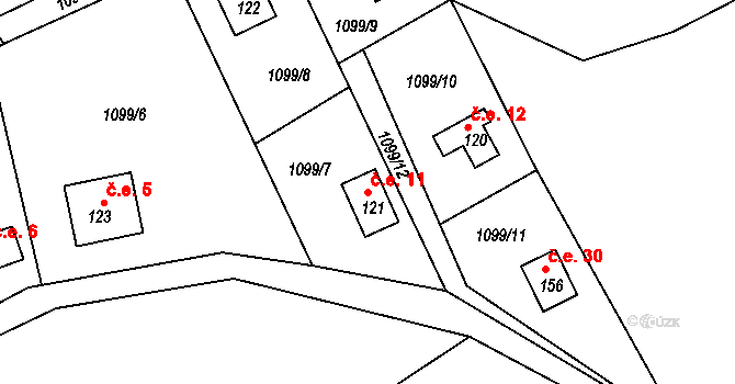 Kácovec 11, Tichonice na parcele st. 121 v KÚ Tichonice, Katastrální mapa