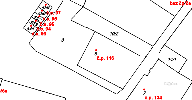 Kostomlaty pod Milešovkou 116 na parcele st. 9 v KÚ Kostomlaty pod Milešovkou, Katastrální mapa