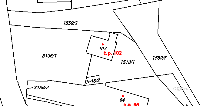Damnov 102, Bor na parcele st. 197 v KÚ Damnov, Katastrální mapa