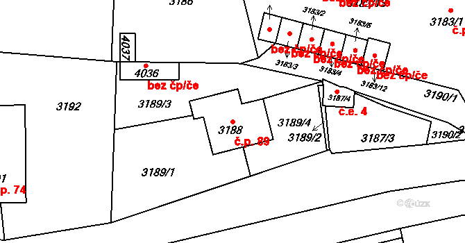 Udánky 89, Moravská Třebová na parcele st. 3188 v KÚ Moravská Třebová, Katastrální mapa