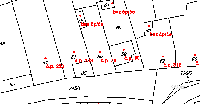 Grygov 71 na parcele st. 55 v KÚ Grygov, Katastrální mapa