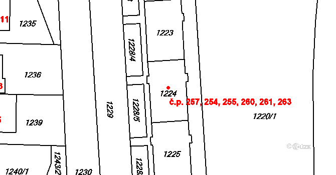 Štýřice 254,255,257,260,261,, Brno na parcele st. 1224 v KÚ Štýřice, Katastrální mapa