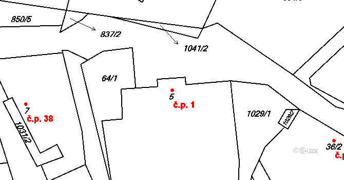 Roučkovice 1, Pacov na parcele st. 5 v KÚ Roučkovice, Katastrální mapa