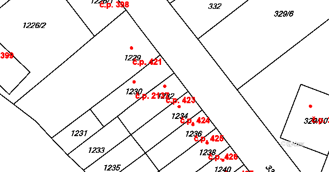 Pelhřimov 423 na parcele st. 1232 v KÚ Pelhřimov, Katastrální mapa
