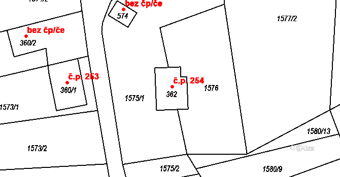 Milíkov 254 na parcele st. 362 v KÚ Milíkov u Jablunkova, Katastrální mapa