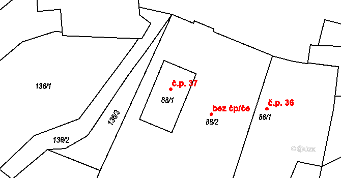 Zvánovice 37 na parcele st. 88/1 v KÚ Zvánovice, Katastrální mapa
