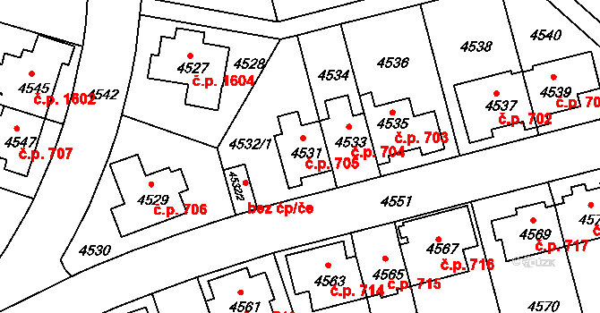Záběhlice 705, Praha na parcele st. 4531 v KÚ Záběhlice, Katastrální mapa