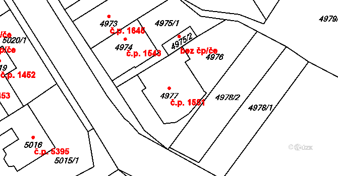 Chomutov 1551 na parcele st. 4977 v KÚ Chomutov I, Katastrální mapa