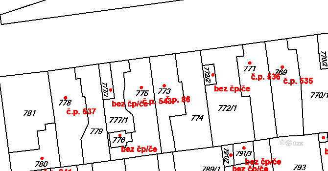 Skvrňany 86, Plzeň na parcele st. 773 v KÚ Skvrňany, Katastrální mapa