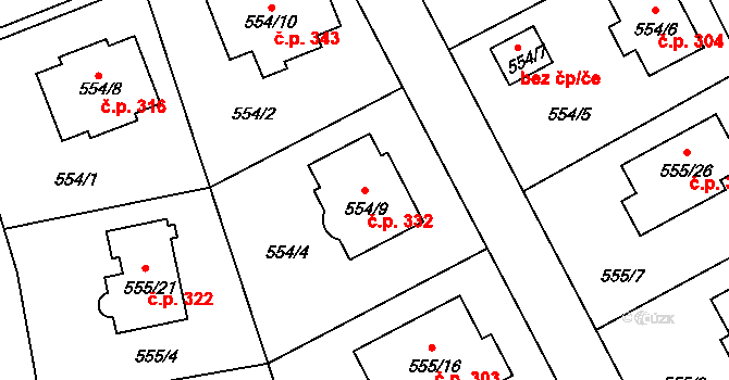 Šeberov 332, Praha na parcele st. 554/9 v KÚ Šeberov, Katastrální mapa