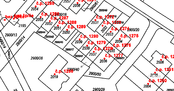 Rosice 1279 na parcele st. 2038 v KÚ Rosice u Brna, Katastrální mapa