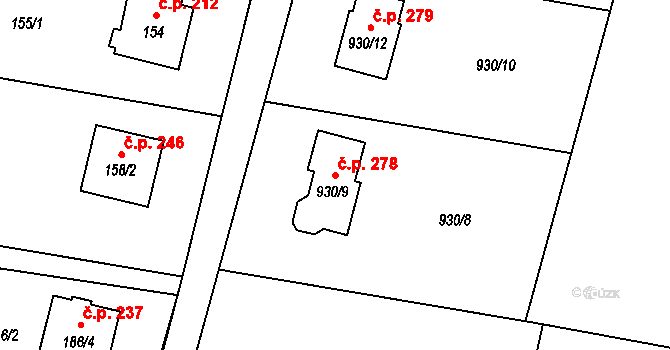 Závišice 278 na parcele st. 930/9 v KÚ Závišice, Katastrální mapa